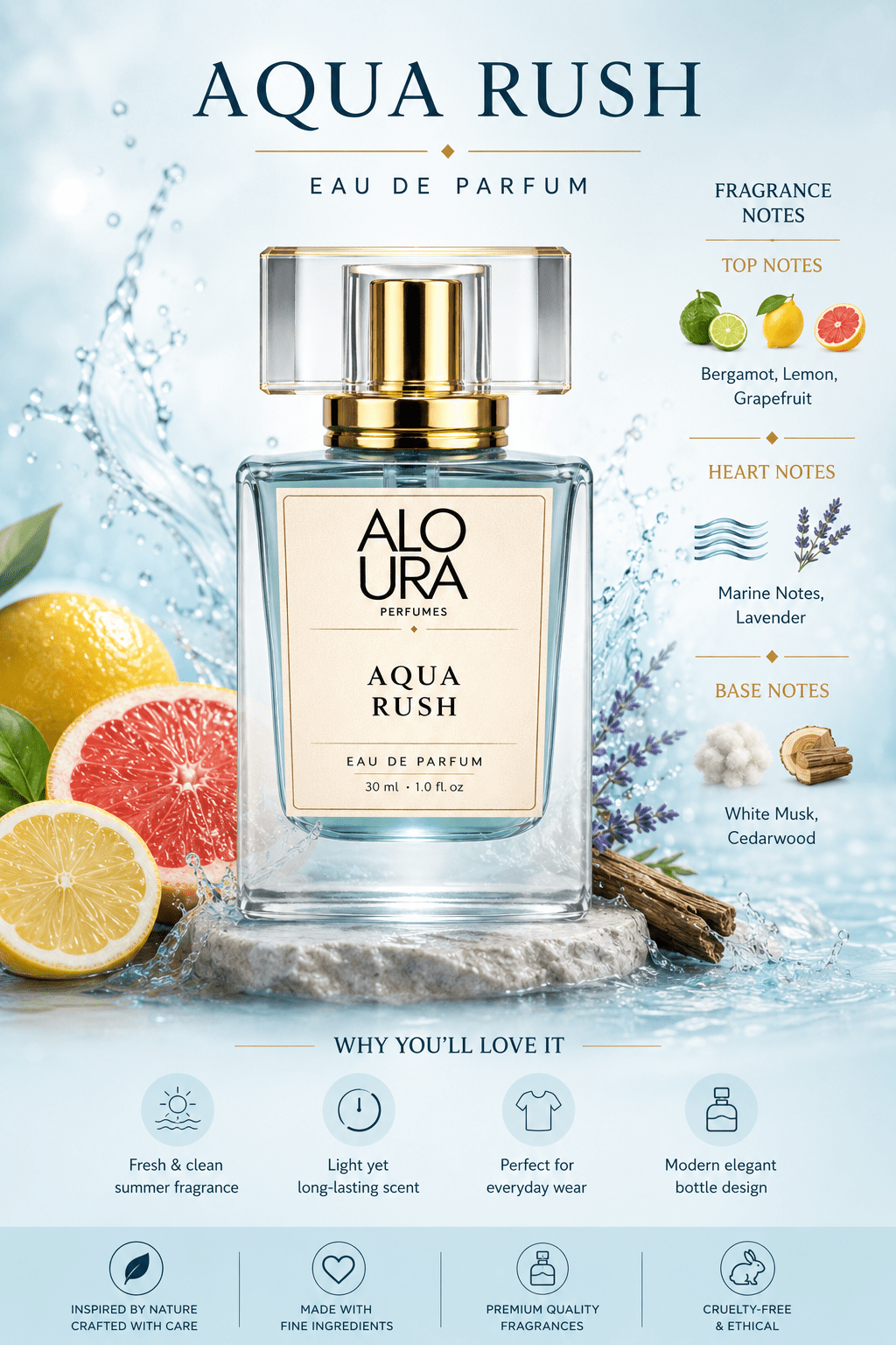 Aloura Aqua Rush – Fresh Clean Summer Eau De Parfum (30ml) - ALOURA