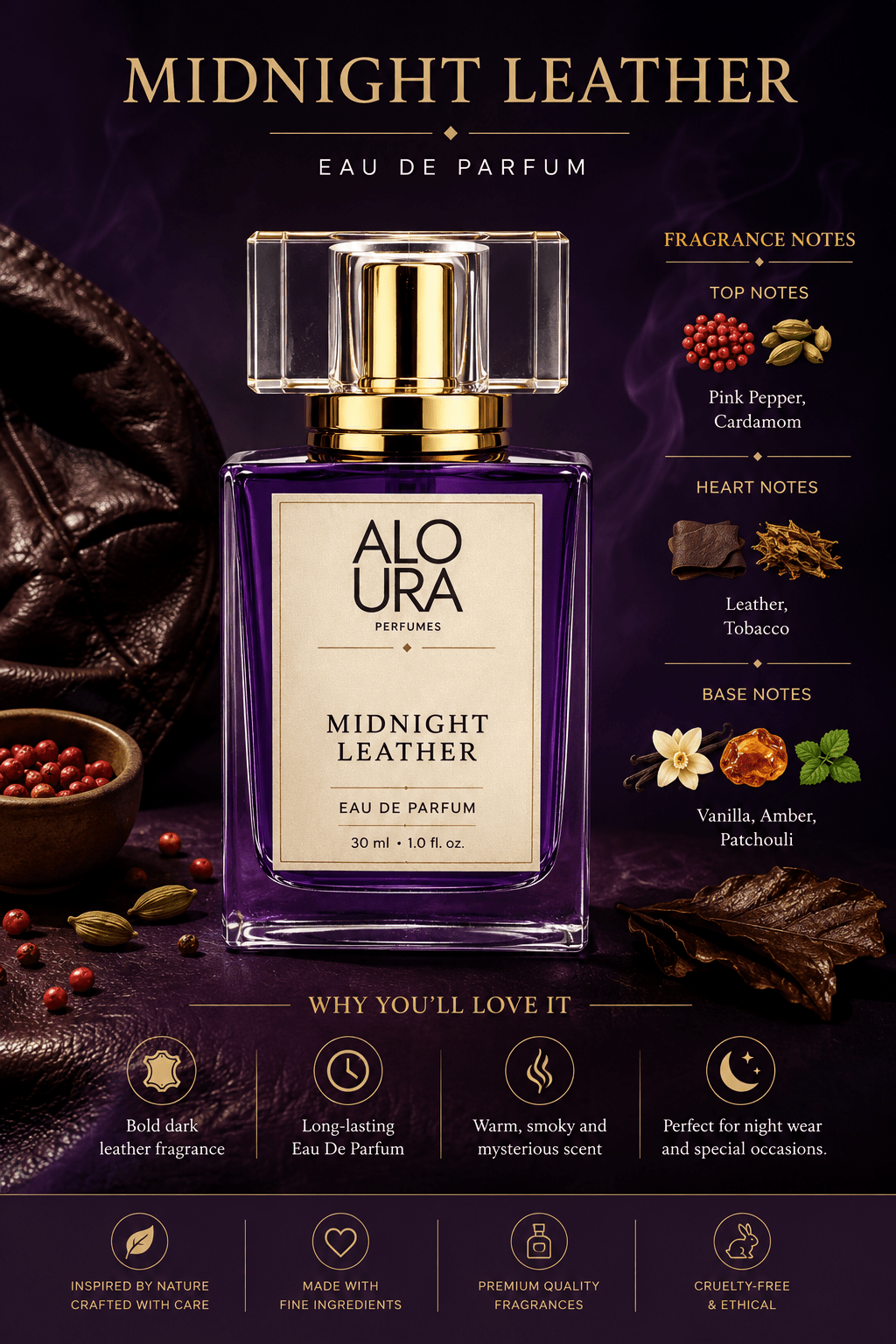 Aloura Midnight Leather – Bold Dark Leather Eau De Parfum (30ml) - ALOURA