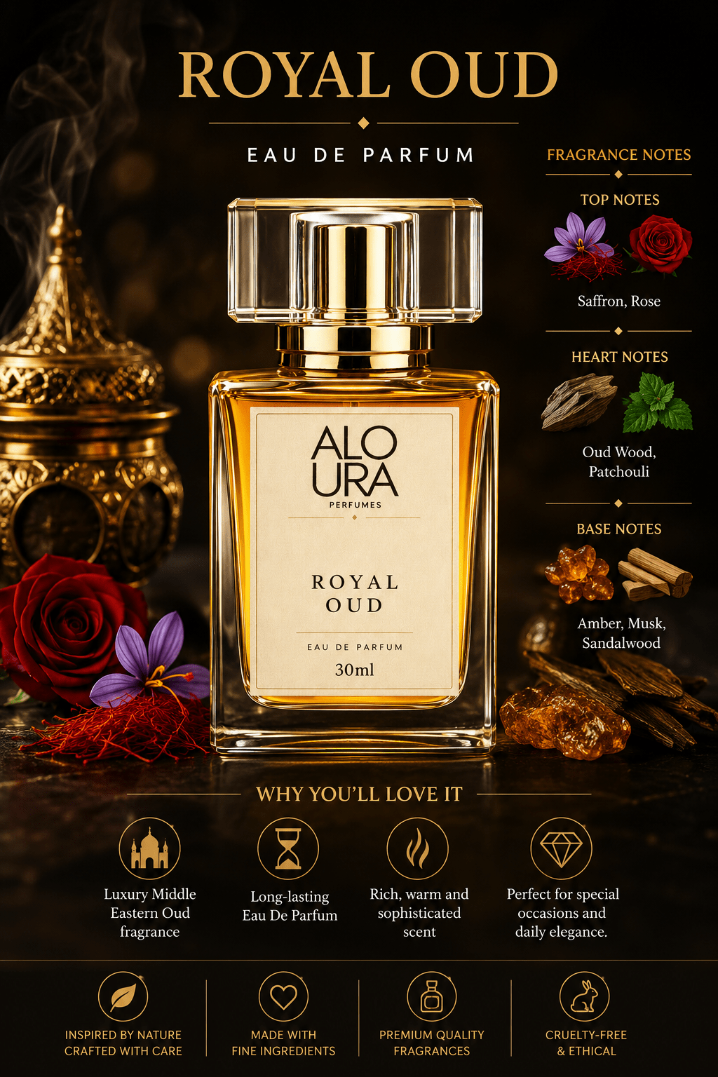 Aloura Royal Oud – Luxury Middle Eastern Oud Perfume (30ml Eau De Parfum) - ALOURA